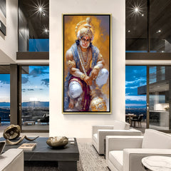 Eternal Strength Hanuman artwork in luxury golden floater frame featuring seated Hanuman with gada