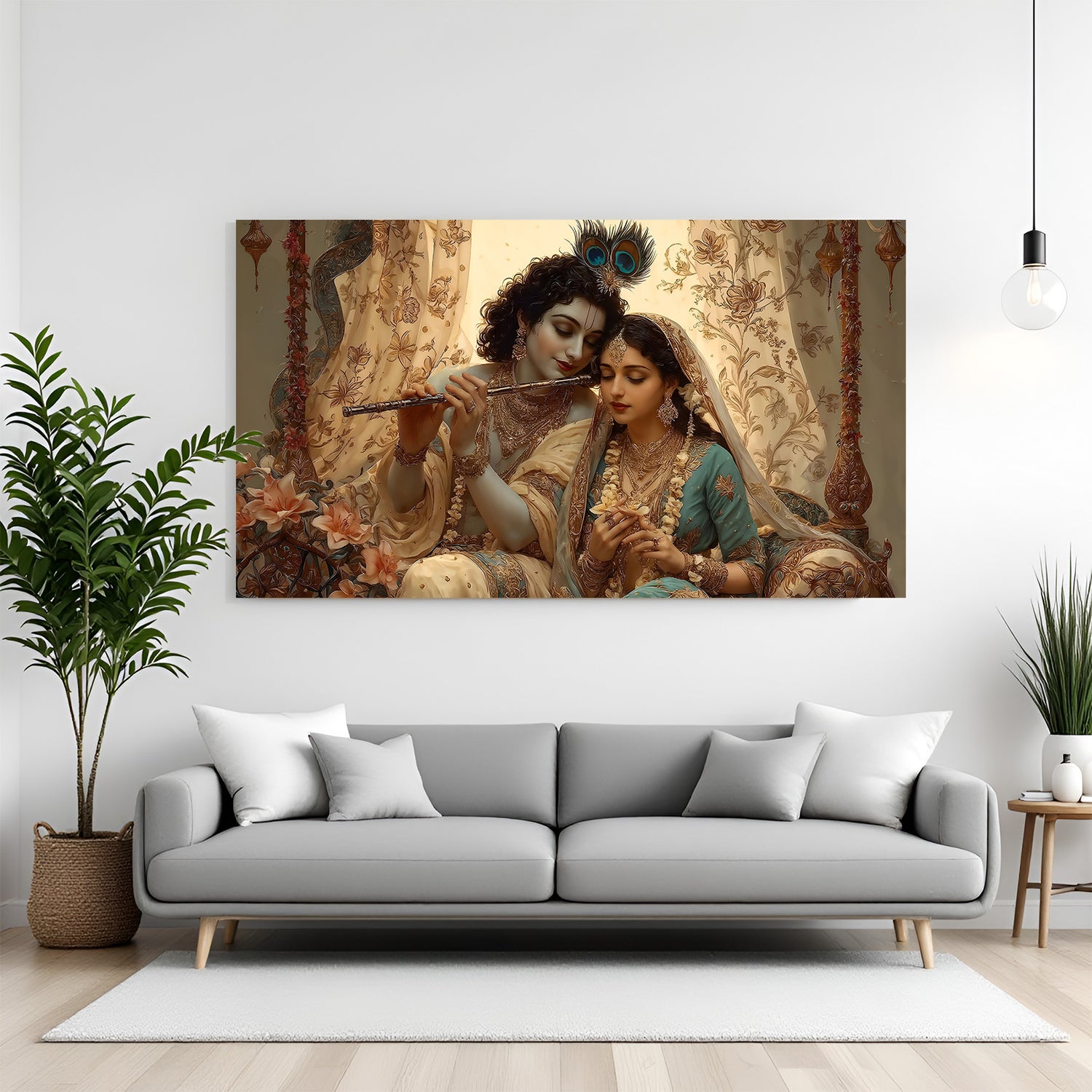 Radha Krishna canvas wall art in premium canvas wrapped frame featuring divine Vrindavan-inspired artwork