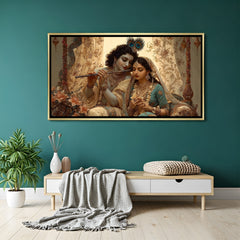 Radha Krishna devotional artwork in luxurious golden floater frame with timeless spiritual appeal