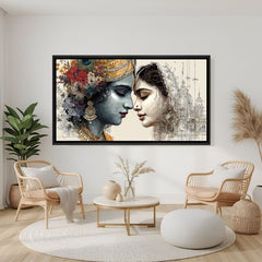 Elegant Radha Krishna devotional wall artwork in sophisticated black floater frame
