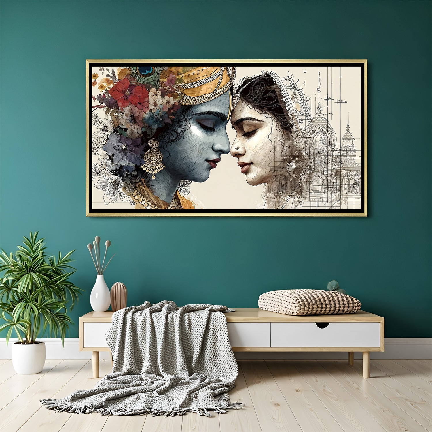 Eternal Vrindavan Whisper Radha Krishna artwork in luxury golden floater frame featuring divine spiritual elegance