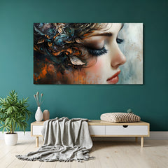 Panoramic fantasy woman profile canvas art with textured botanical details and warm copper abstract accents.