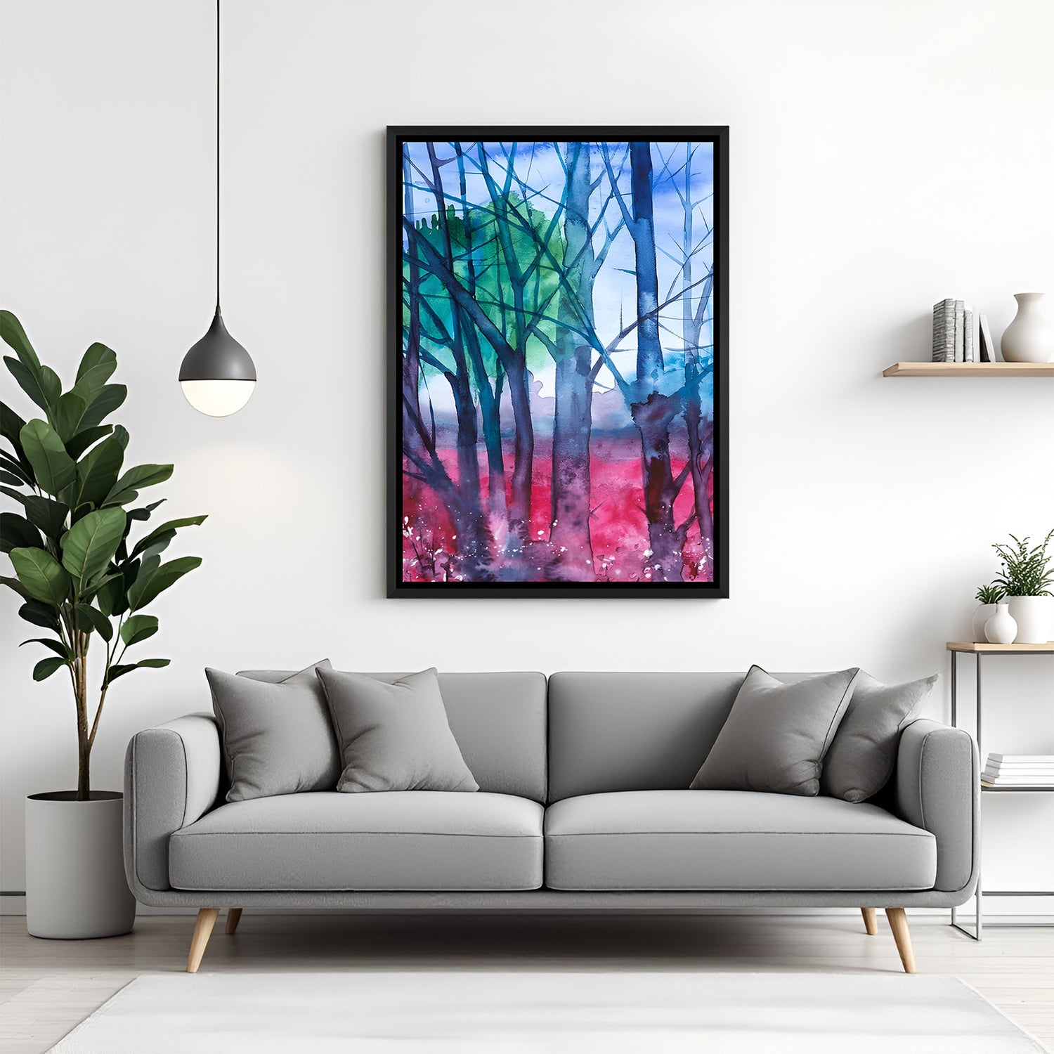 Leafless tree jungle modern art canvas in black floater frame with colorful abstract tones