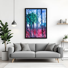 Leafless tree jungle modern art canvas in black floater frame with colorful abstract tones
