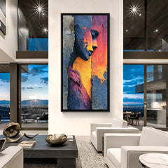 Modern textured abstract female face wall art in black floater frame with vibrant artistic color palette