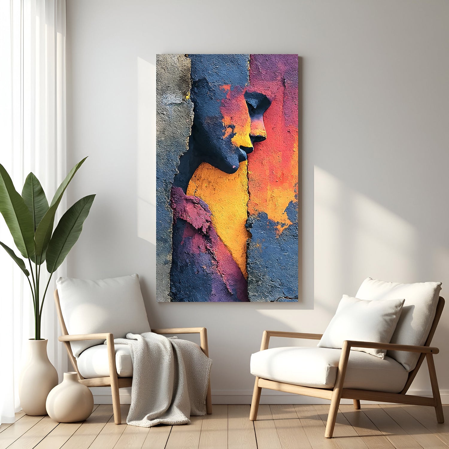 Ethereal layers abstract female modern canvas wall painting with textured colorful face design in canvas wrapped frame