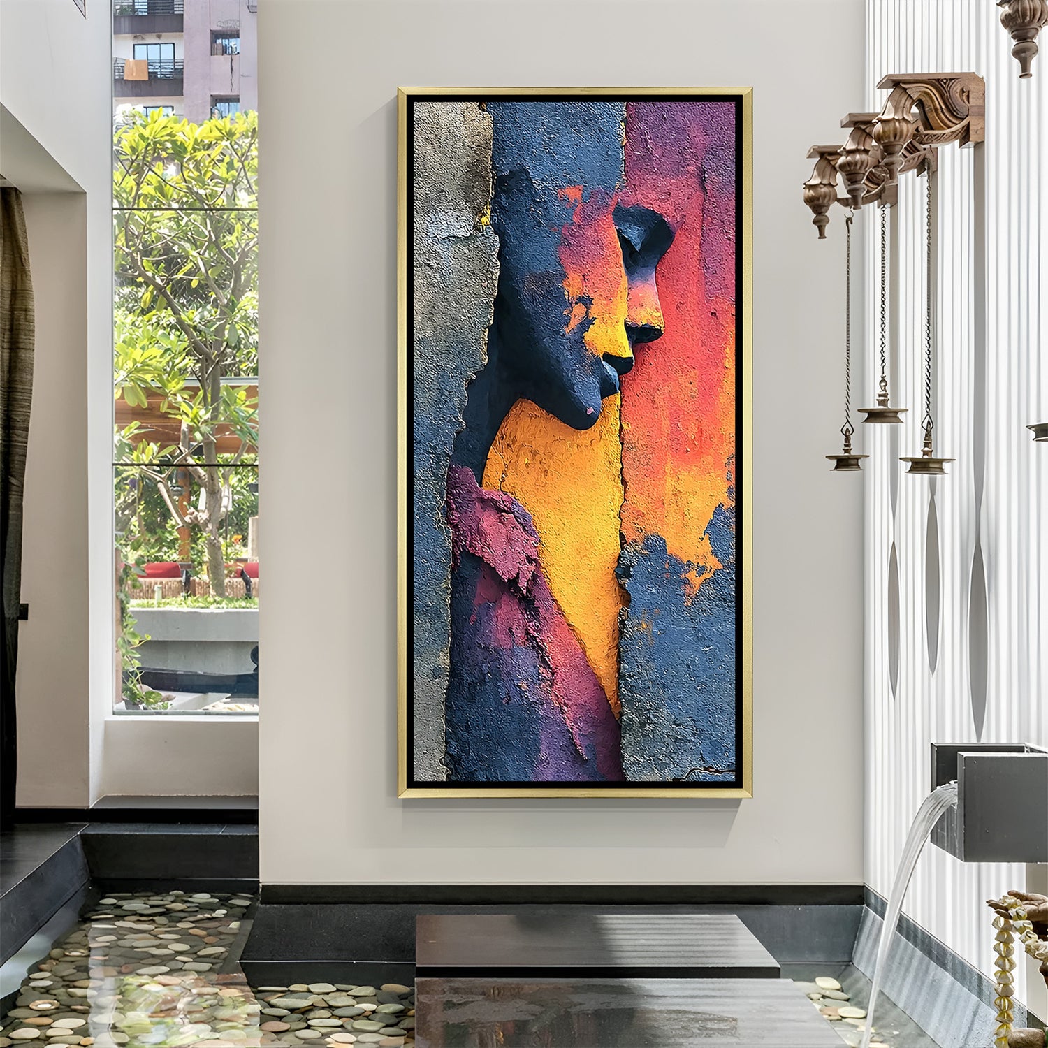 Luxury abstract female canvas artwork in golden floater frame with layered textures and dramatic modern colors