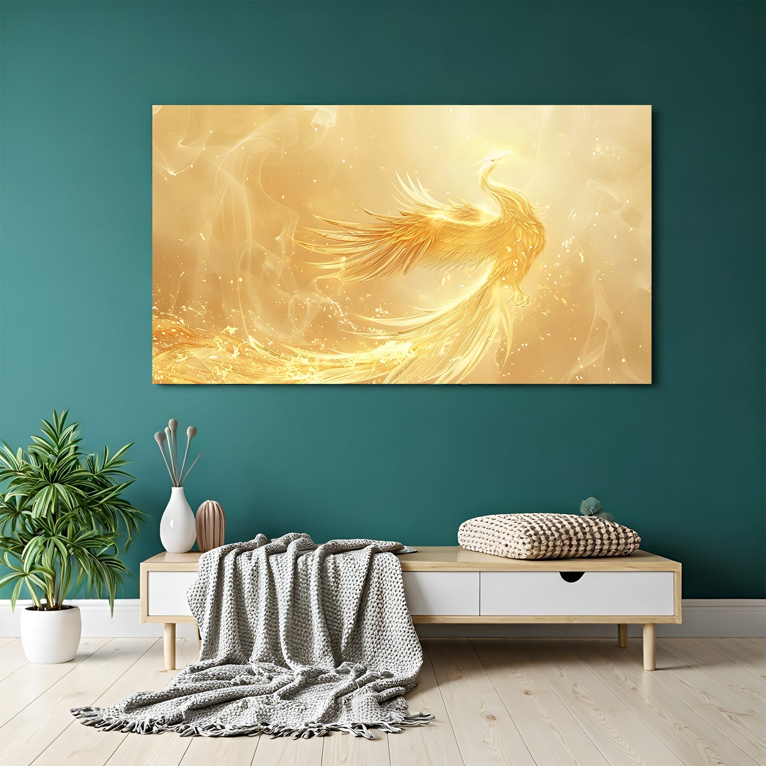 Large panoramic golden phoenix wall art in soft champagne tones with glowing mist background.