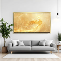 Luxury champagne gold phoenix wall art in gold frame adding warmth to contemporary interior.
