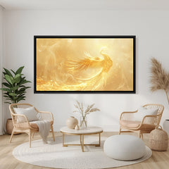 Elegant golden phoenix panorama artwork in black frame displayed on modern teal accent wall.