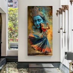 Radha dancing with Lord Krishna face behind her canvas wall art in canvas wrapped frame divine spiritual composition