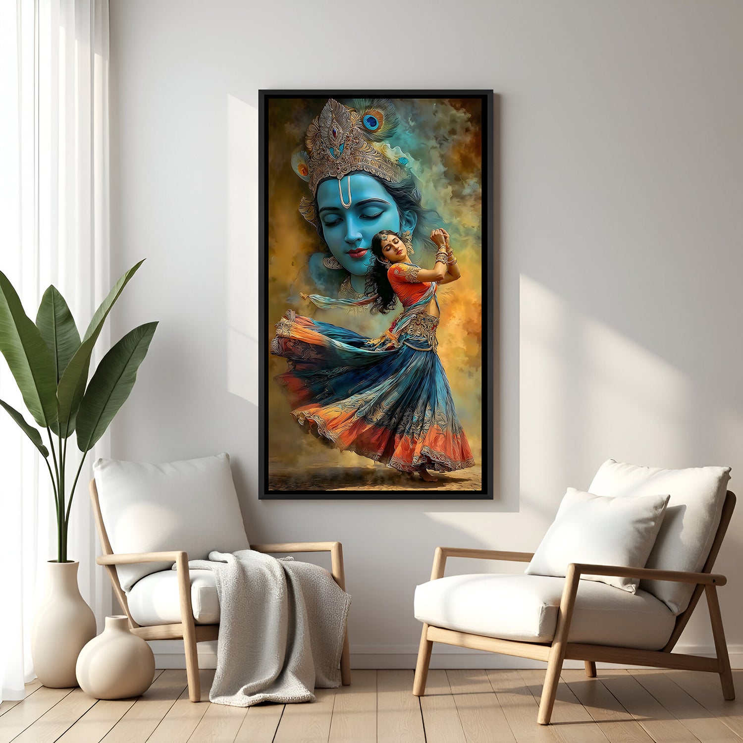 Radha dance artwork with Krishna face background in elegant black floater frame spiritual canvas decor