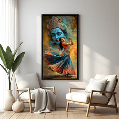 Radha dance artwork with Krishna face background in elegant black floater frame spiritual canvas decor