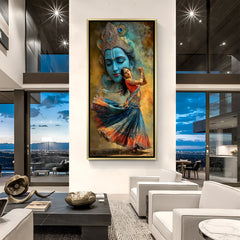 Divine Radha dancing with Krishna face behind in luxurious golden floater frame spiritual wall art