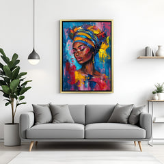 Golden-framed canvas wall art of African women in expressive abstract style with cultural themes and bright colors, ideal for Afrocentric interiors

