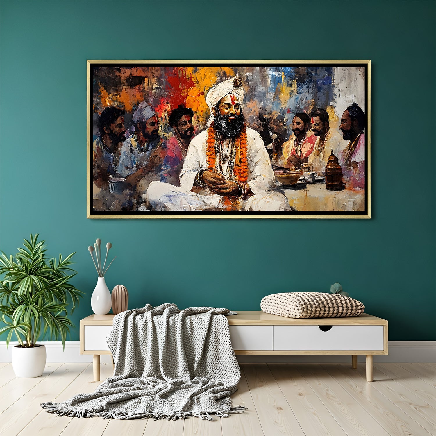 Traditional Indian guru artwork wooden frame ethnic wall art for home