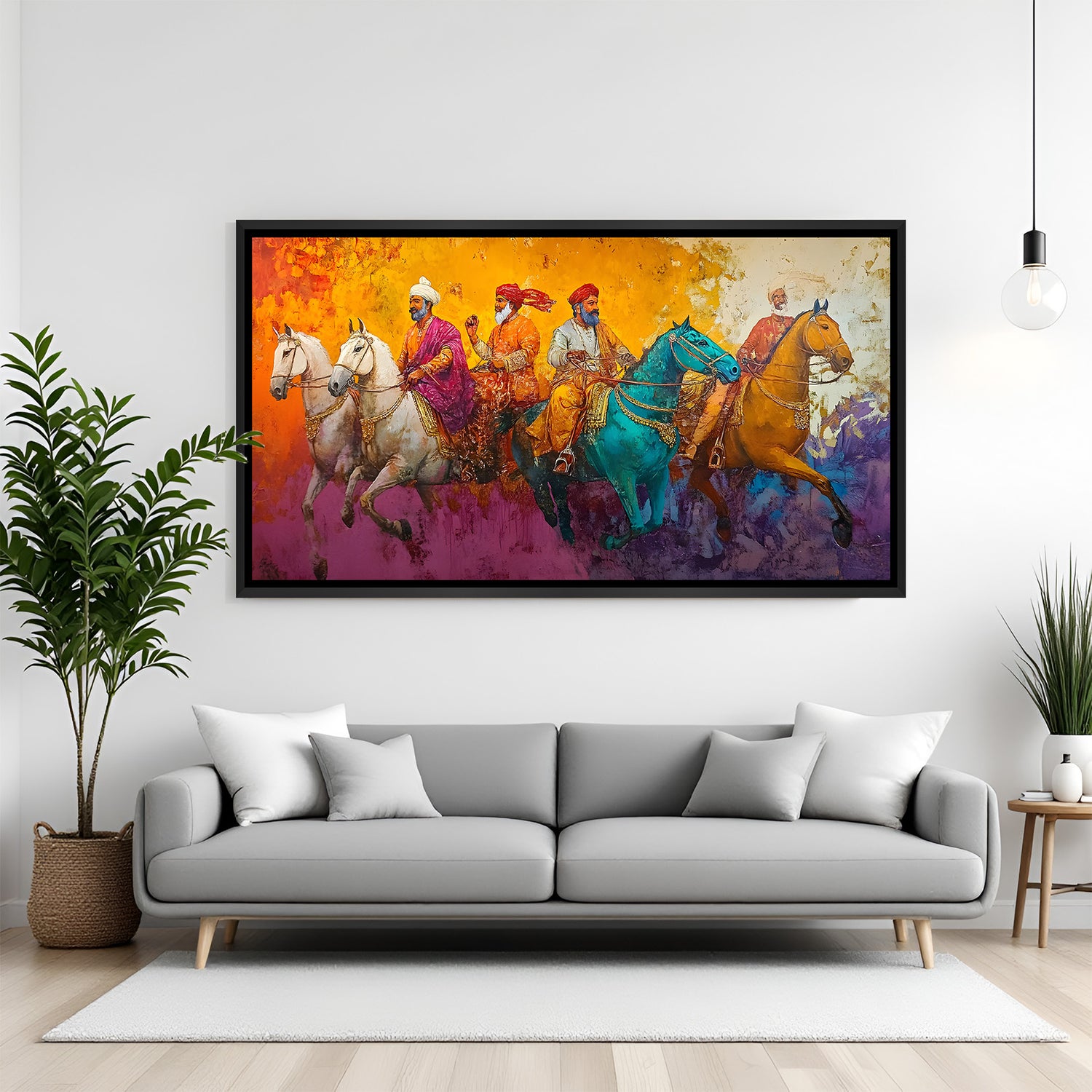 Traditional warrior horse painting black floater frame ethnic wall art