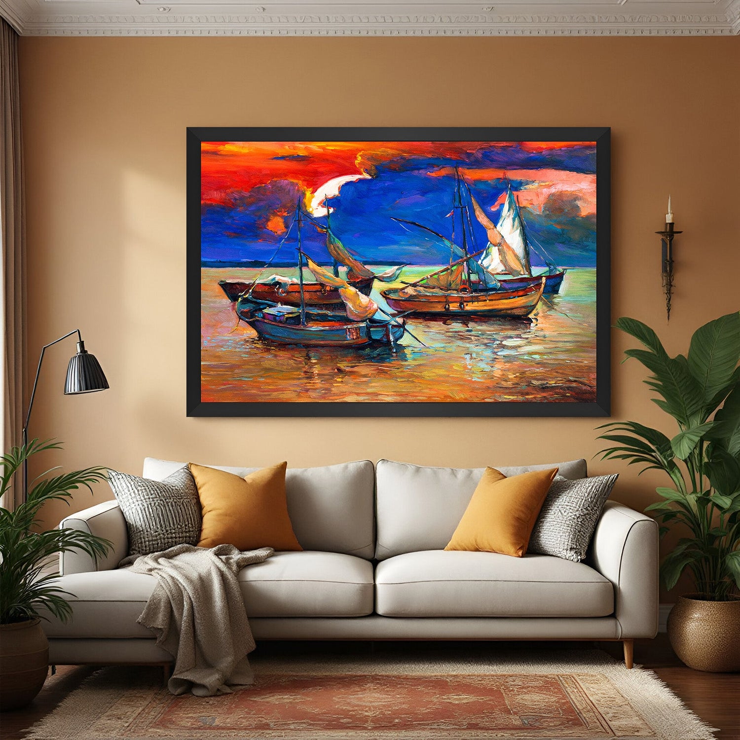 Black frame canvas of four boats at sunset in abstract painted form – artistic wall decor for scenic and modern interiors