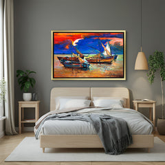 Golden frame abstract canvas showing boats in water at dusk – elegant wall art with serene composition and painted style