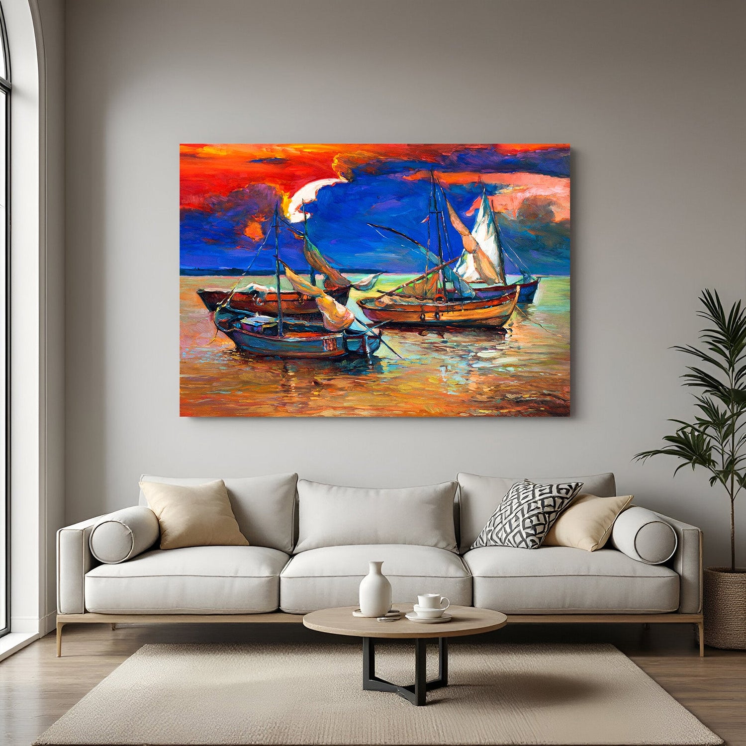 Abstract wall art showing four boats in a water body during evening – painted canvas print with soft twilight tones and calm reflection