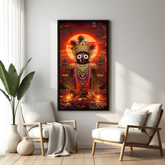 Lord Jagannath sunset artwork in black floater frame with temple background and diya lights.