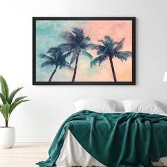 Black frame beach wall art – abstract palm trees with peaceful sky printed on canvas for stylish and serene wall decor
