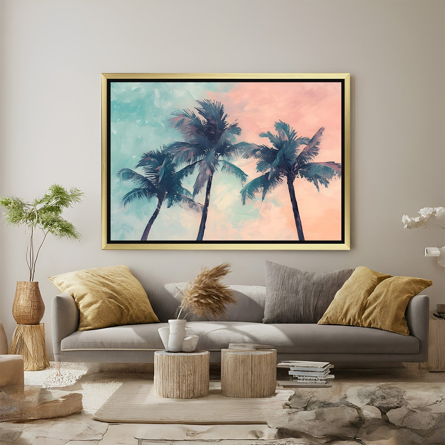 Golden frame palm tree canvas – elegant abstract wall art with beach tones and artistic brush strokes for refined interior design