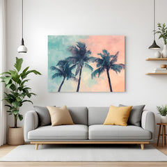 Evening beach abstract wall art – three palm trees with soft painted sky on canvas, perfect for calm tropical modern wall decor