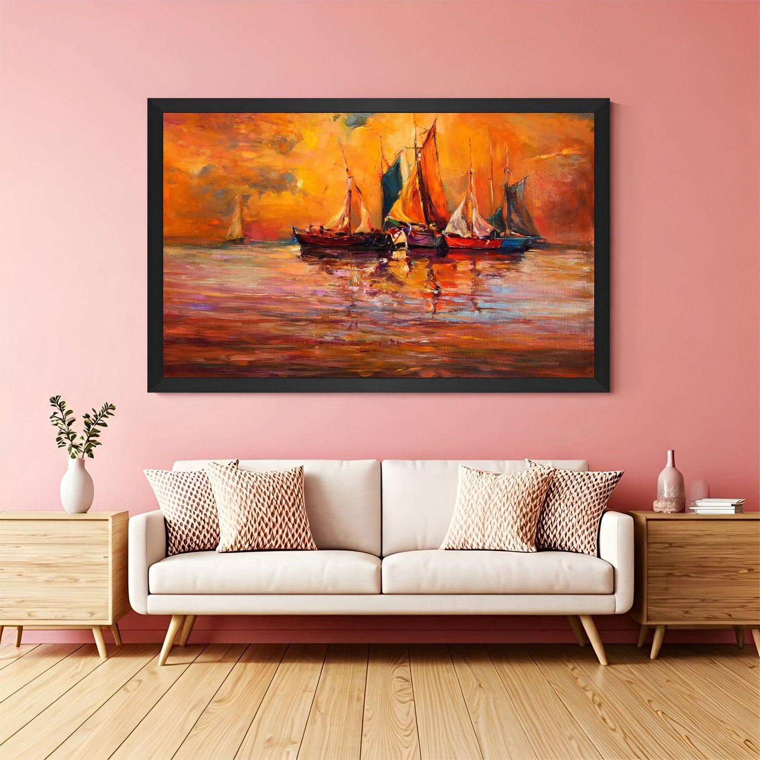 Evening boat abstract canvas with black floater frame – calm and expressive landscape wall art for stylish bedrooms, offices, and contemporary interiors