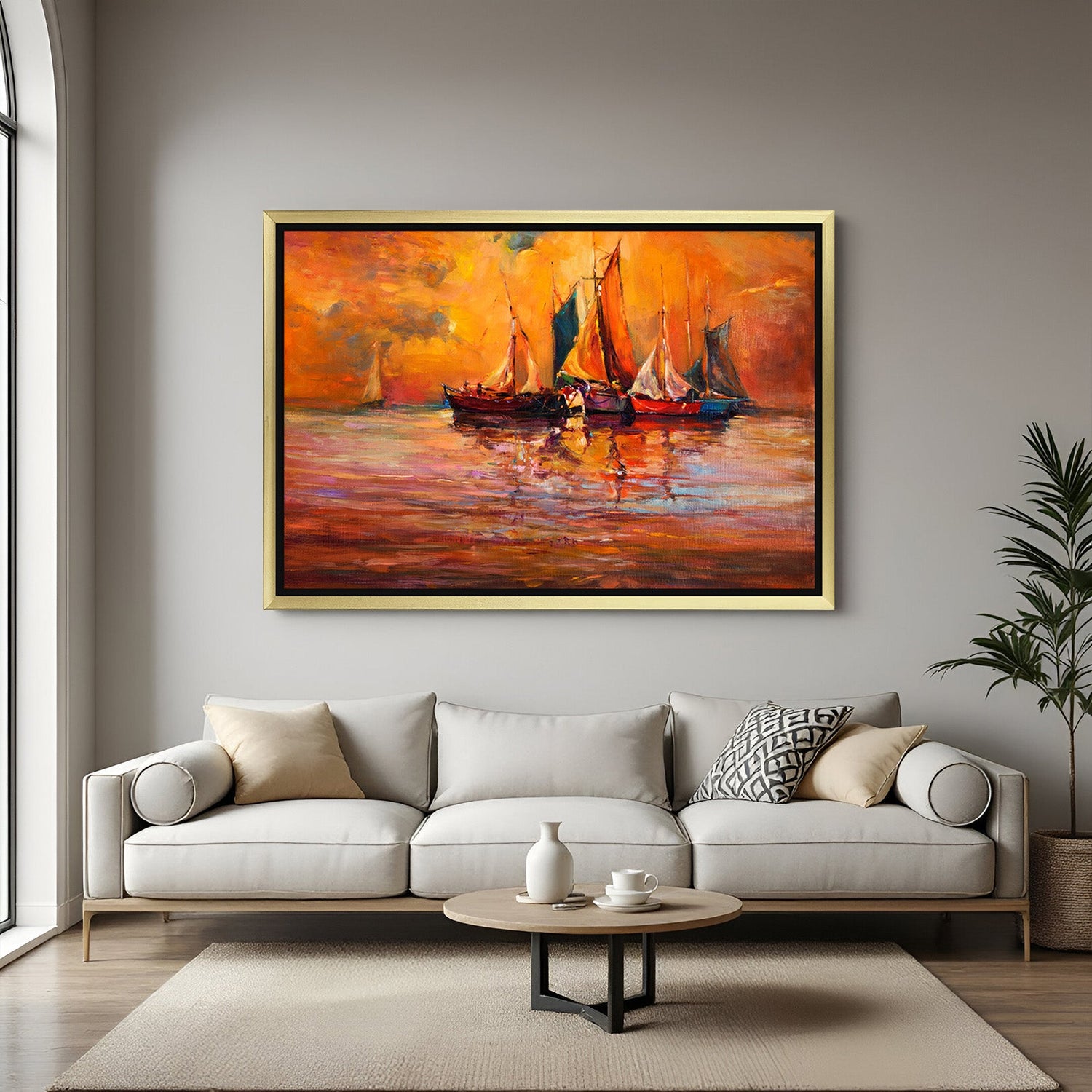 Golden frame abstract painting of boat and river at dusk – tranquil large canvas wall decor for elegant, modern, and peaceful home environments