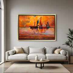 Golden frame abstract painting of boat and river at dusk – tranquil large canvas wall decor for elegant, modern, and peaceful home environments