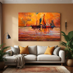 Abstract canvas painting of a boat on a river during evening – serene wall art for peaceful home interiors, large canvas prints, and modern decor lovers