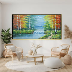 Exclusive Italian waterfall hand painting in golden floater frame – original one-of-a-kind artwork for luxury décor
