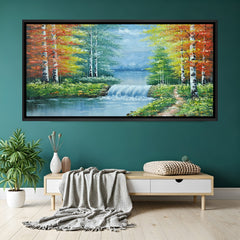 Exclusive Italian hand painting of nature waterfall and colorful forest landscape in black floater frame