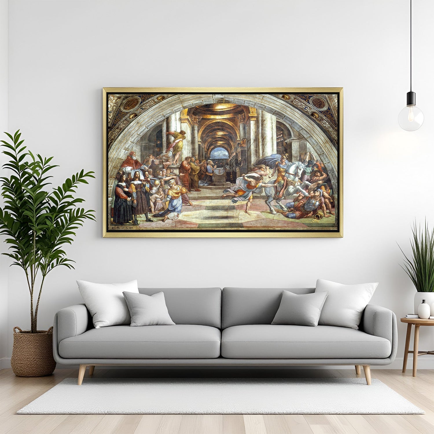 Golden-framed canvas wall art of Heliodorus expulsion – ancient temple scene in vintage painting style