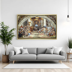 Golden-framed canvas wall art of Heliodorus expulsion – ancient temple scene in vintage painting style