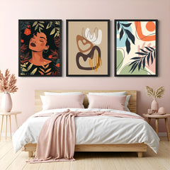 Canvas trio with bohemian woman print, organic abstract in earthy tones, and pastel leaf design – modern, peaceful wall art for home