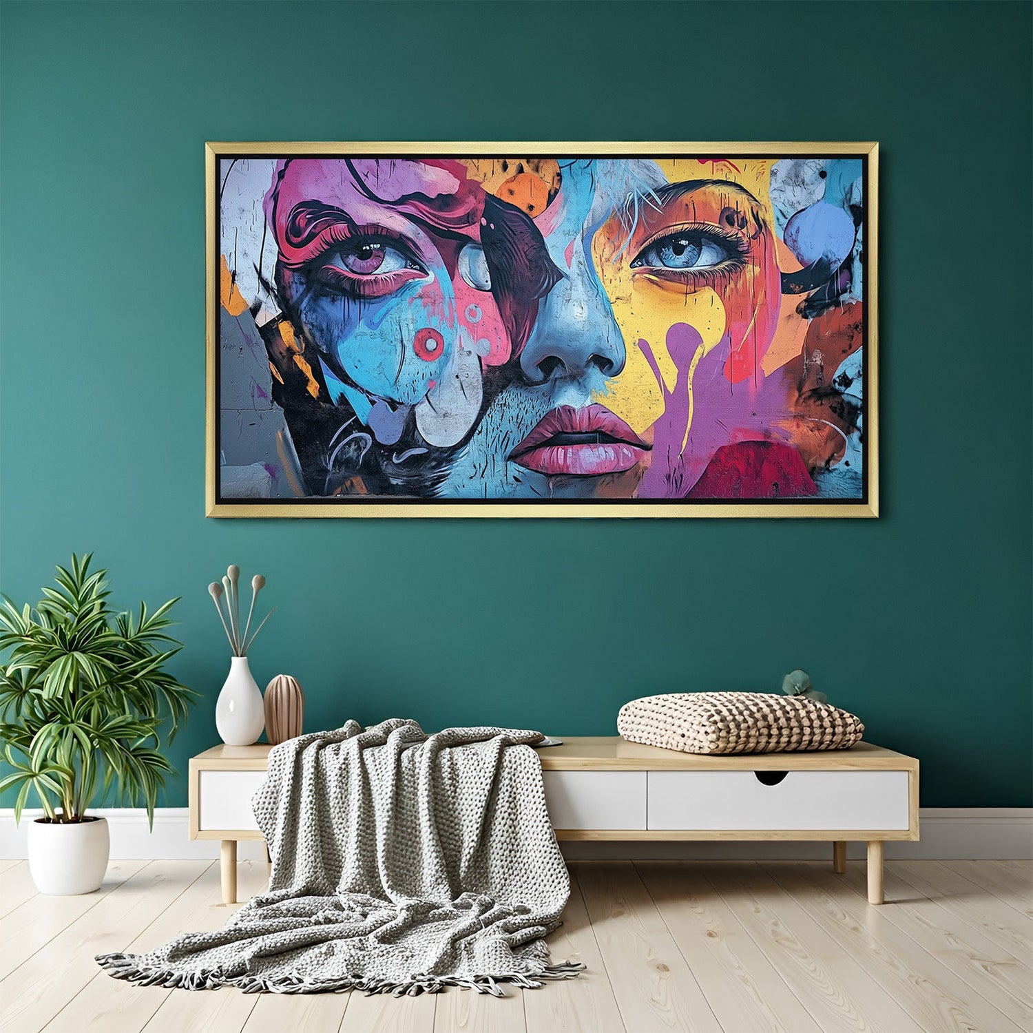 Modern gold frame art of colorful splashed female face in abstract design