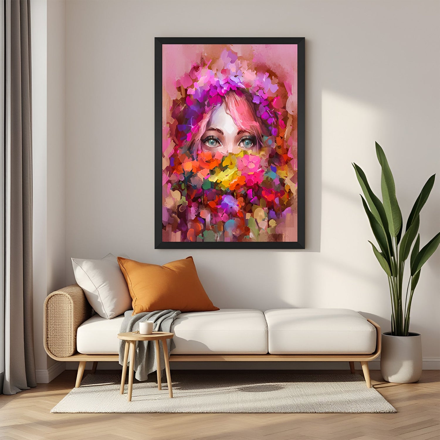 Female abstract wall painting in black floater frame – expressive canvas art featuring colorful flowers and captivating eyes for stylish interiors