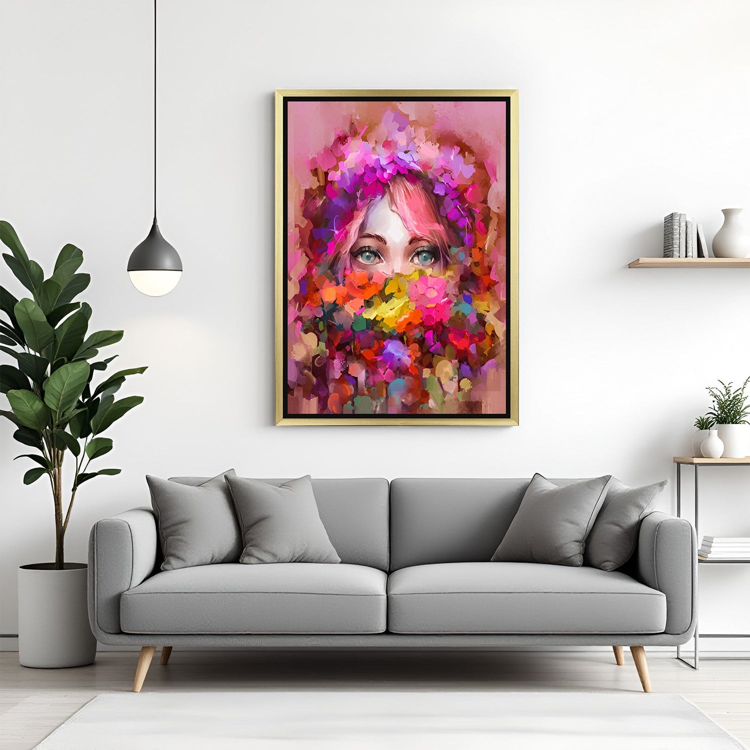 Golden frame canvas of female face with floral abstract overlay – elegant modern wall decor with vivid colors and emotional impact