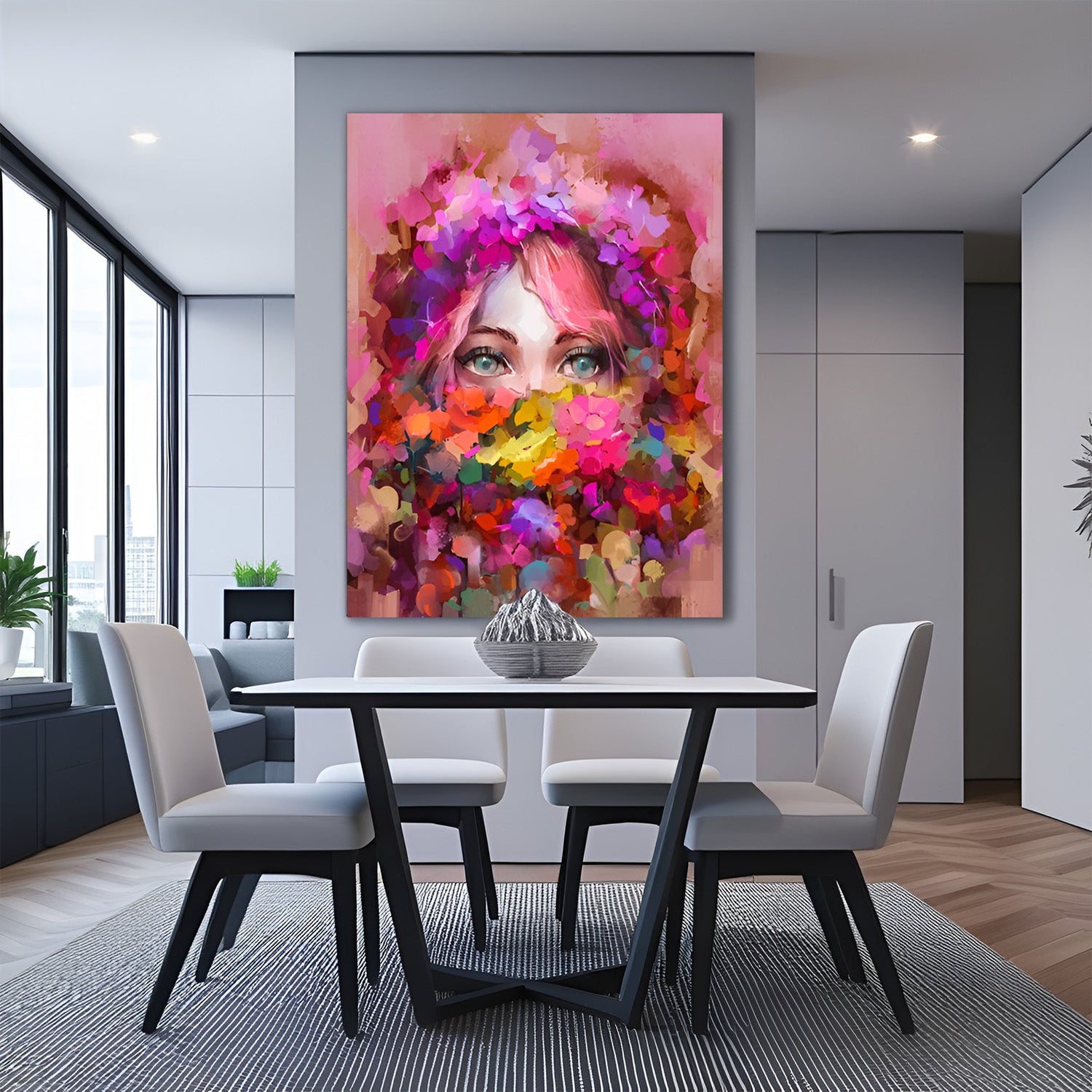 Abstract canvas art of female face with colorful floral textures – modern wall decor with visible eyes, vibrant tones, and artistic depth