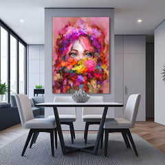 Abstract canvas art of female face with colorful floral textures – modern wall decor with visible eyes, vibrant tones, and artistic depth