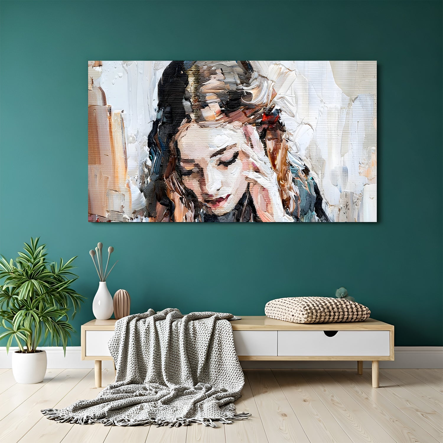 Female face modern art canvas wall painting in canvas wrapped frame with elegant contemporary portrait design