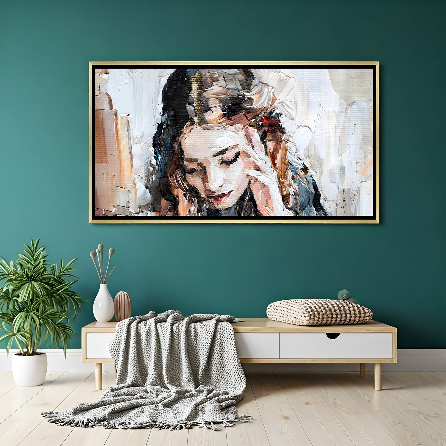 Female face modern canvas art in wooden frame ideal for warm and natural interior decor styles