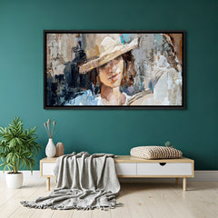 Modern female portrait wearing hat in black floater frame with stylish and sophisticated artistic design
