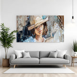 Female face wearing hat modern art canvas wall painting in canvas wrapped frame with elegant contemporary portrait style