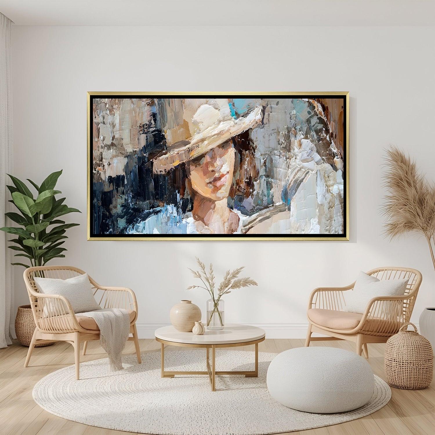 Female face modern canvas art wearing hat in wooden frame perfect for warm luxury interior decor