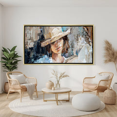 Female face modern canvas art wearing hat in wooden frame perfect for warm luxury interior decor