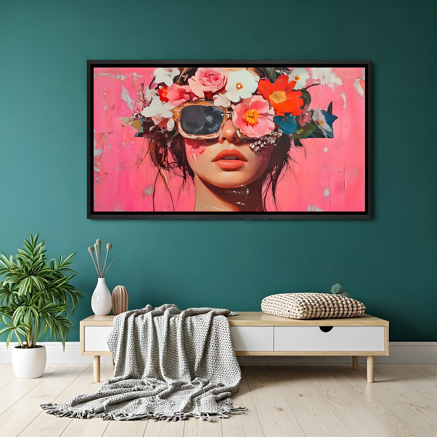 Modern floral female portrait with glasses in black floater frame featuring artistic contemporary design