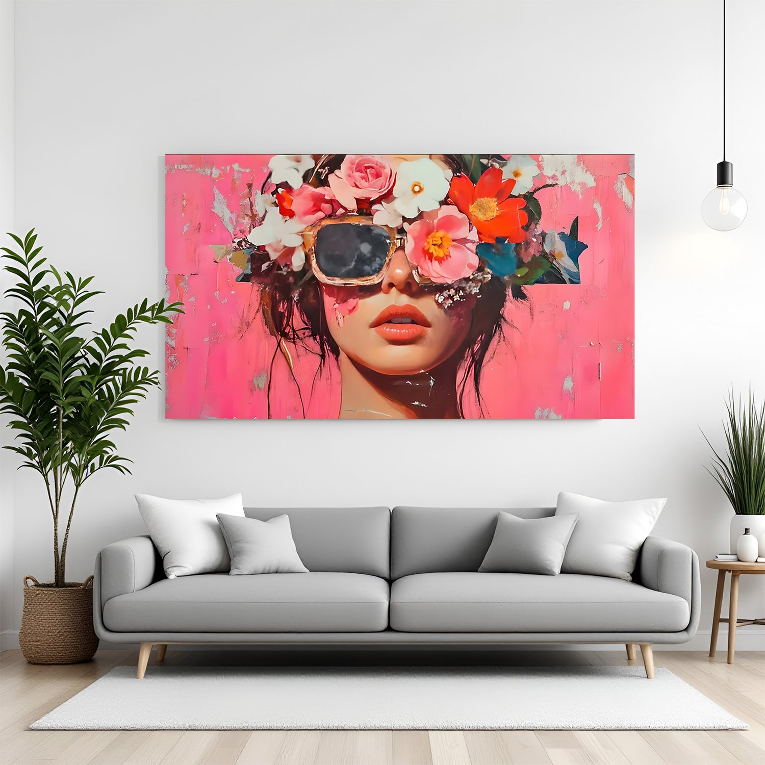 Female face modern art with glasses and floral elements on face in canvas wrapped frame with elegant artistic style